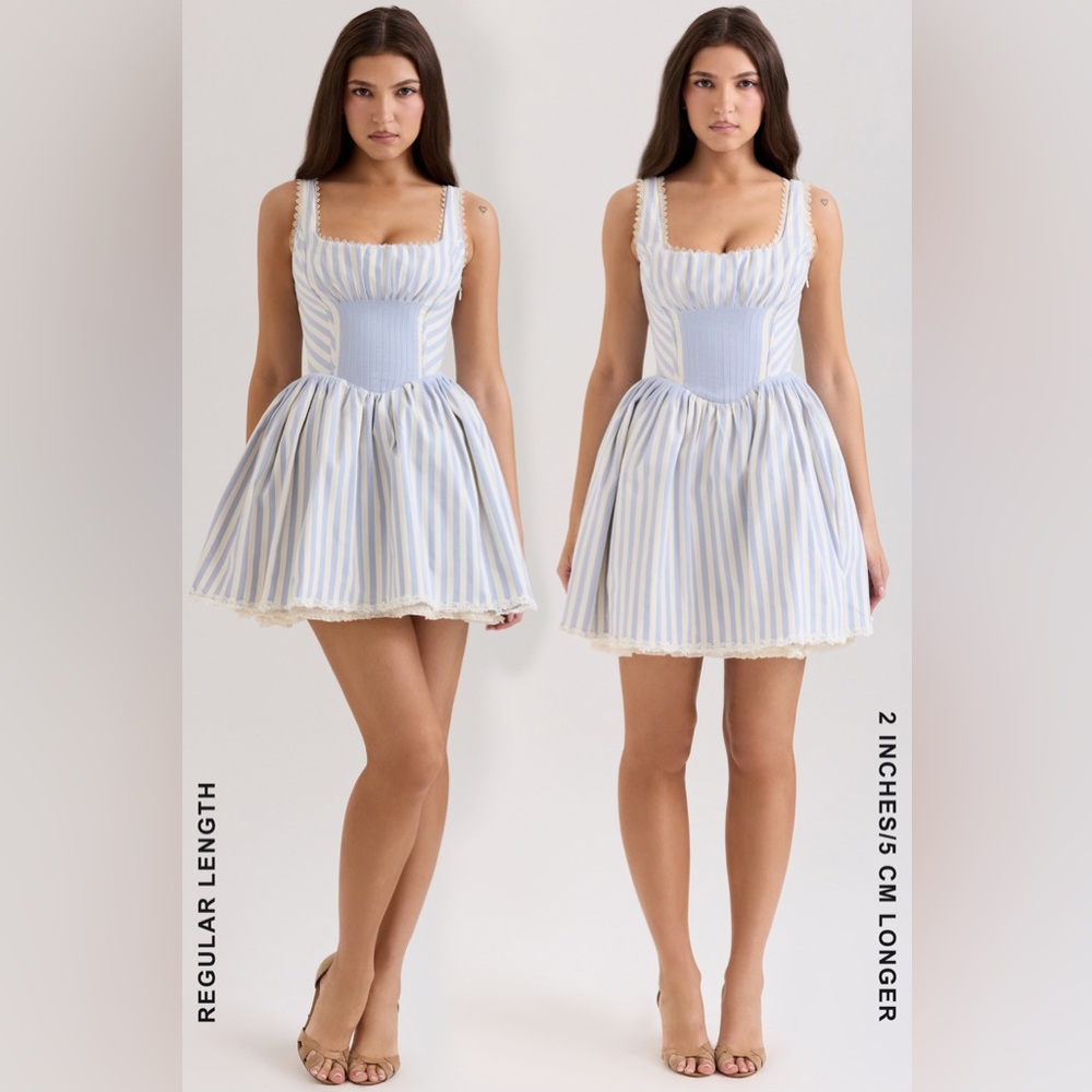 HOUSE OF CB ' Liesl Blue striped pintucked mini Dress NWOT  blue sz XS Tall long - Picture 13 of 16